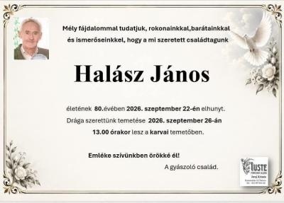 Zomrel Halász János (80) — pohreb 26. septembra 2026 v Kravanoch nad Dunajom